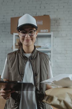 A young female courier smiling while managing packages with a tablet in a warehouse environment.
