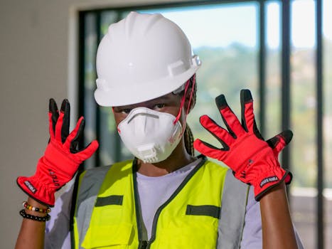 Close-up of a construction worker wearing PPE and protective gear indoors. Ideal for safety and occupational content.