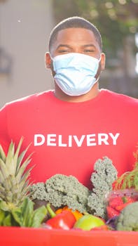 Delivery man wearing a mask with fresh groceries symbolizes pandemic adaptation.