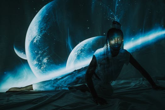 Woman posing with cosmic projector backdrop featuring planets and stars. Artistic and surreal vibe.